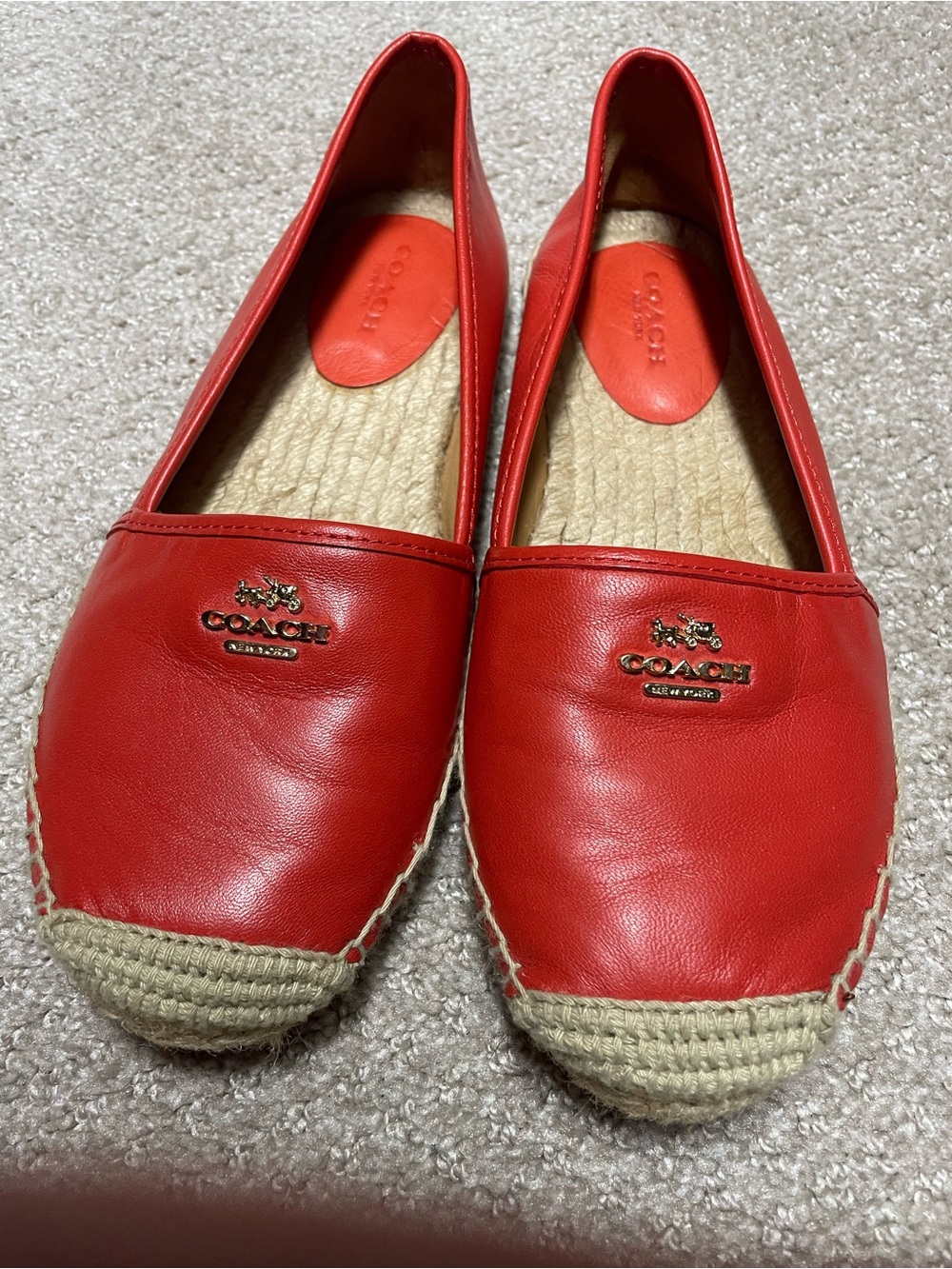COACH Red Orange Leather Espadrille Flats with Braided Jute Toe